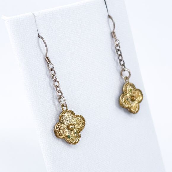 Vintage Sterling Silver 925 Gold Tone Clover Dangle Earrings - Picture 3 of 8